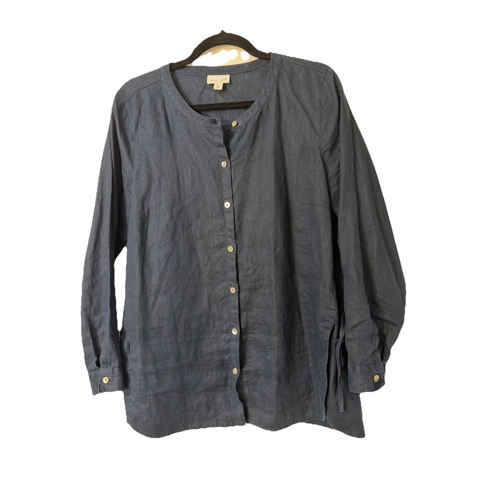 J Jill Tunic Navy Blue Love Linen Round‎ Neck Tie Hem Split MP Lagenlook Boho